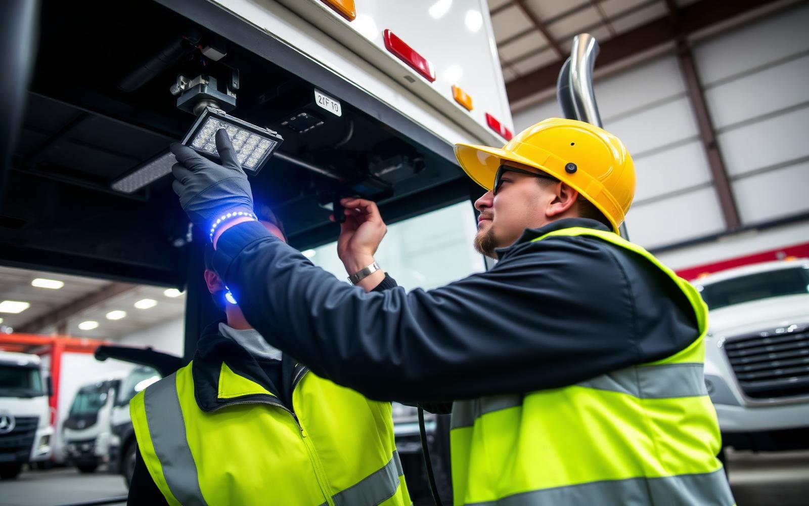 Equipe especializada instalando equipamentos no pátio de transportadora