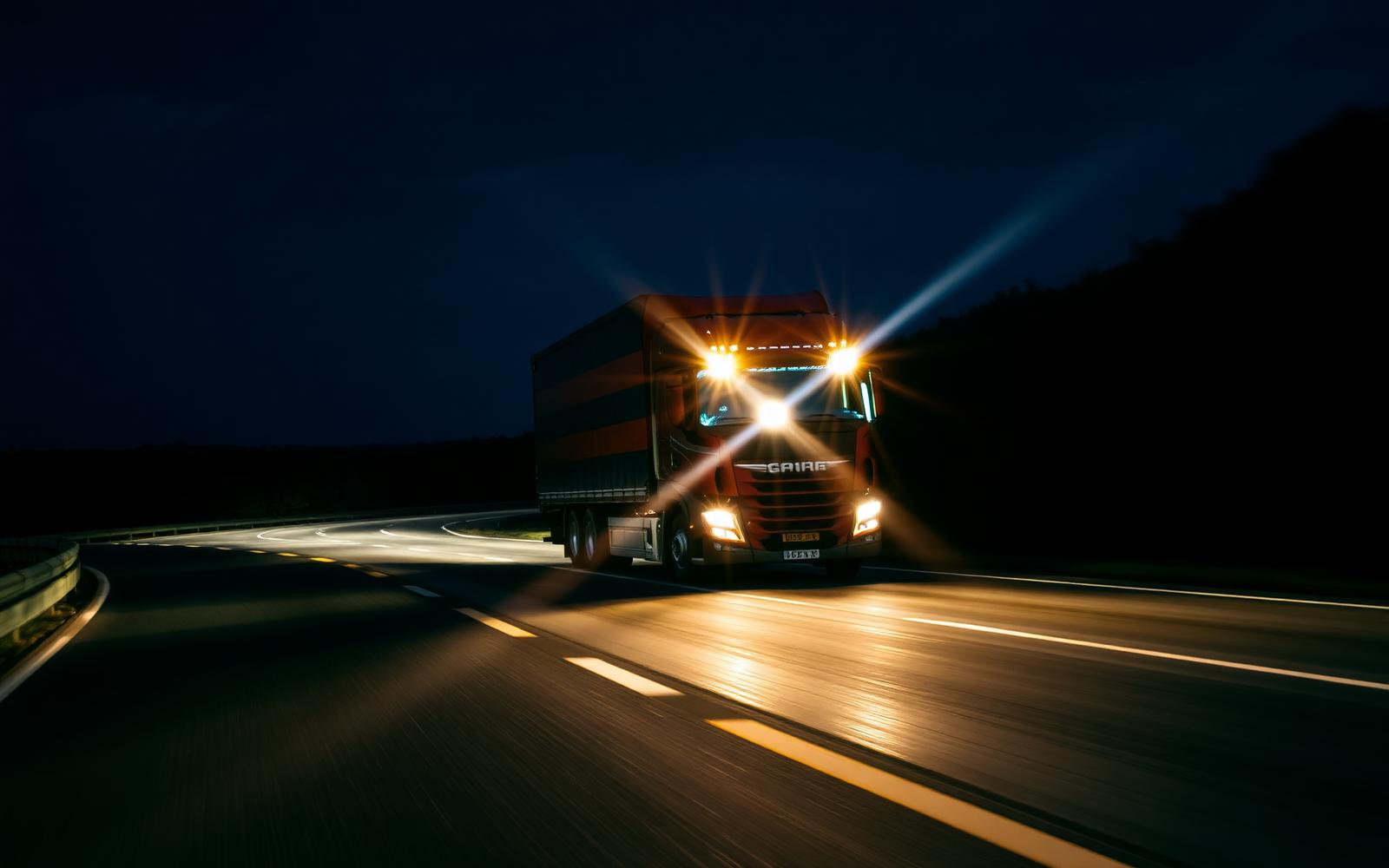 Caminhão iluminando rodovia à noite com projetores BI-LED